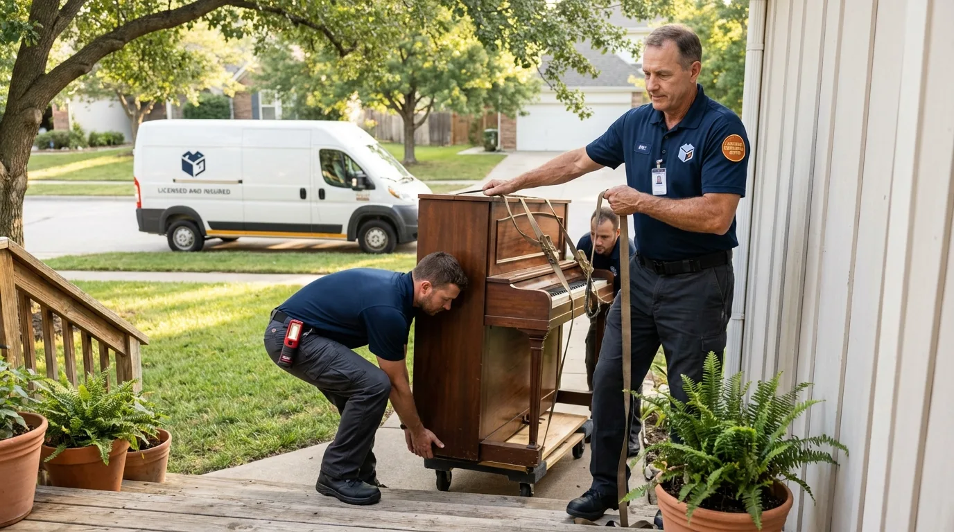 Licensed piano movers securing grand piano in Albany, KY