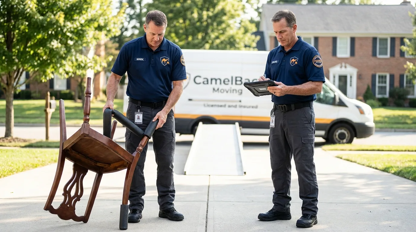 Movers inspecting furniture for damage prevention before loading in Albany, KY